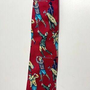 Vintage Golf Novelty Silk Tie Made in Italy Red Golfer Pattern Necktie